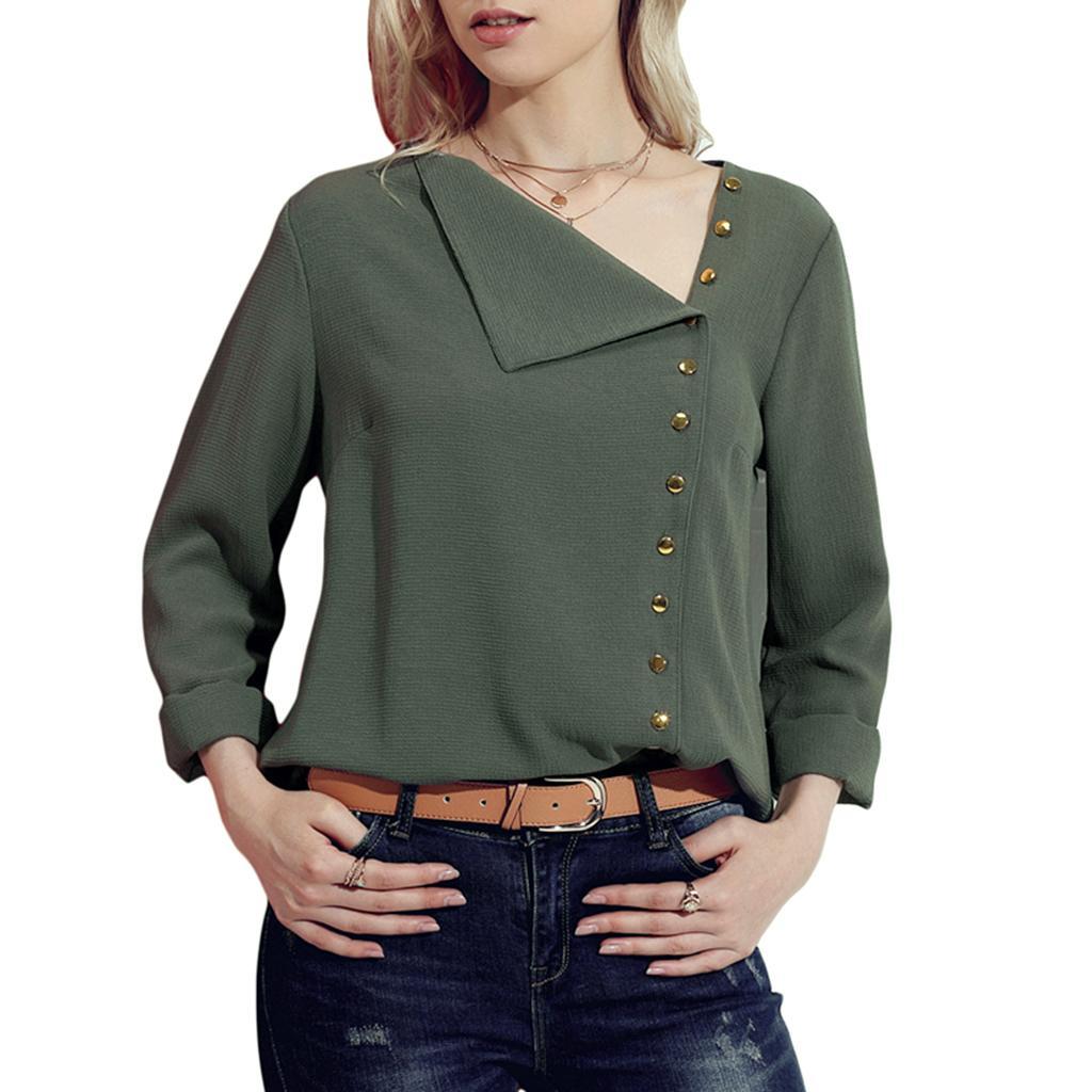 Fashion Women Lady Solid Chiffon Turndown Collar Asymmetric Buttons Long Sleeves Blouse