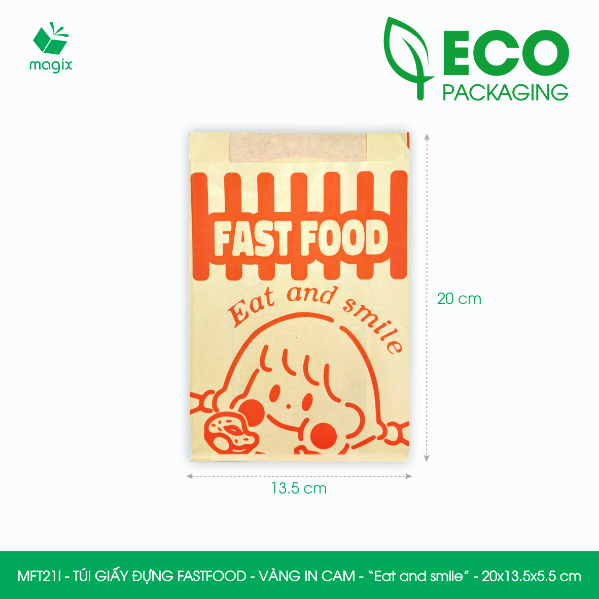 MFT21I - 20x13.5x5.5 cm - 500 Túi giấy Kraft đựng fastfood, túi đựng thực phẩm