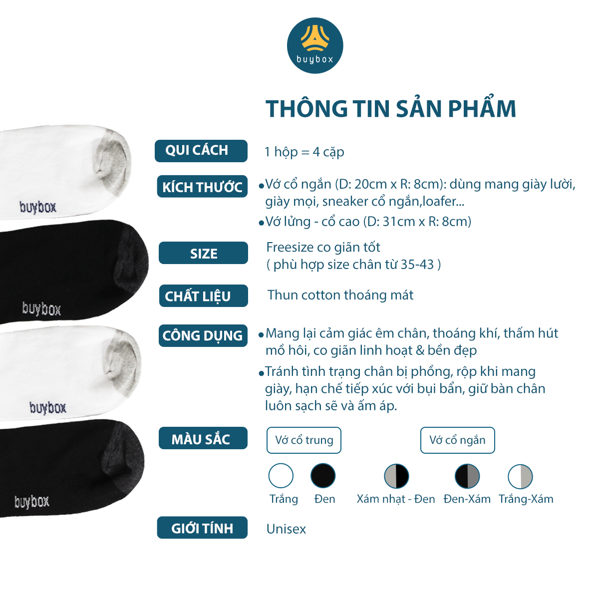 Combo 4 đôi vớ ngắn buybox phong cách unisex, chất liệu cao cấp, thoáng khí, thoải mái khi mang - BuyBox - BBPK214