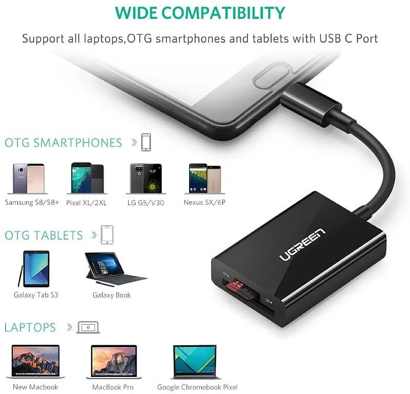 Ugreen UG50432US235TK 15CM màu đen đầu đọc thẻ 2 trong 1 USB type C OTG - HÀNG CHÍNH HÃNG