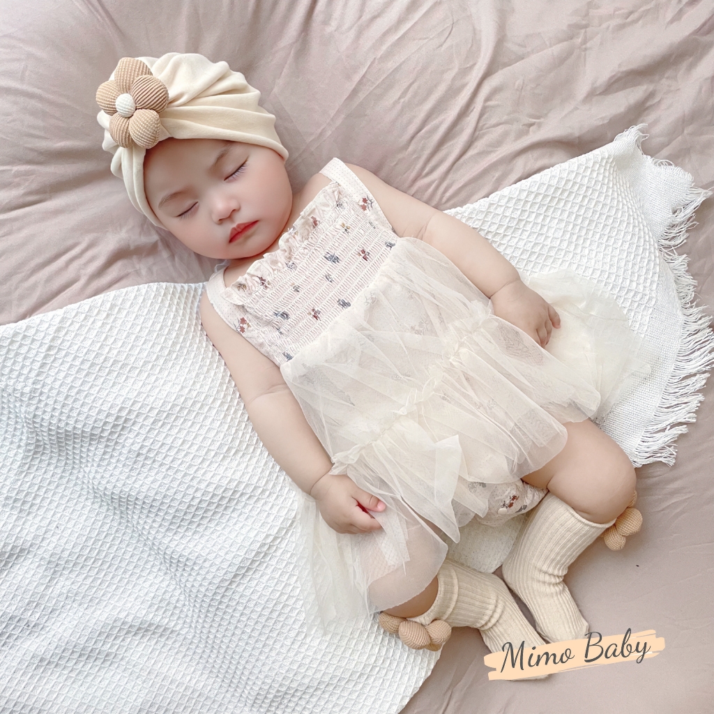 Set tất mũ turban đính hoa nâu be đáng yêu cho bé T49 Mimo Baby