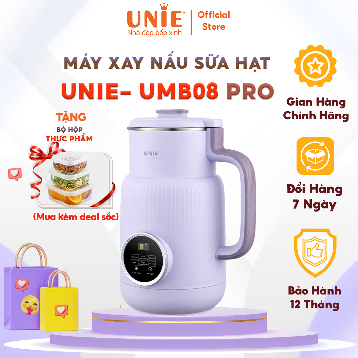 Máy làm sữa hạt Unie chính hãng UMB08, UMB08 PRO công suất 600W, máy sữa hạt dung tích 600ml, 5 chức năng xay nấu tiện lợi, xay nhuyễn mịn mọi thực phẩm, vệ sinh dễ dàng, chất liệu an toàn sức khỏe