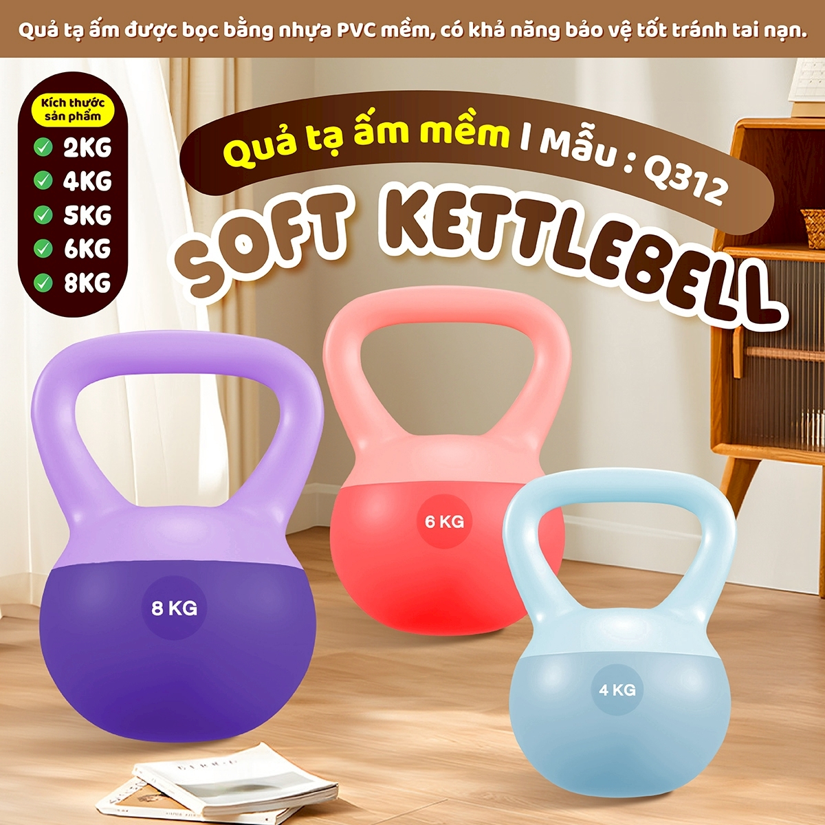 BG Tạ Bình Q312 Cao Su Mềm, chuông Ấm, Tạ Ấm 2kg, 4kg, 5kg, 6kg, 8kg