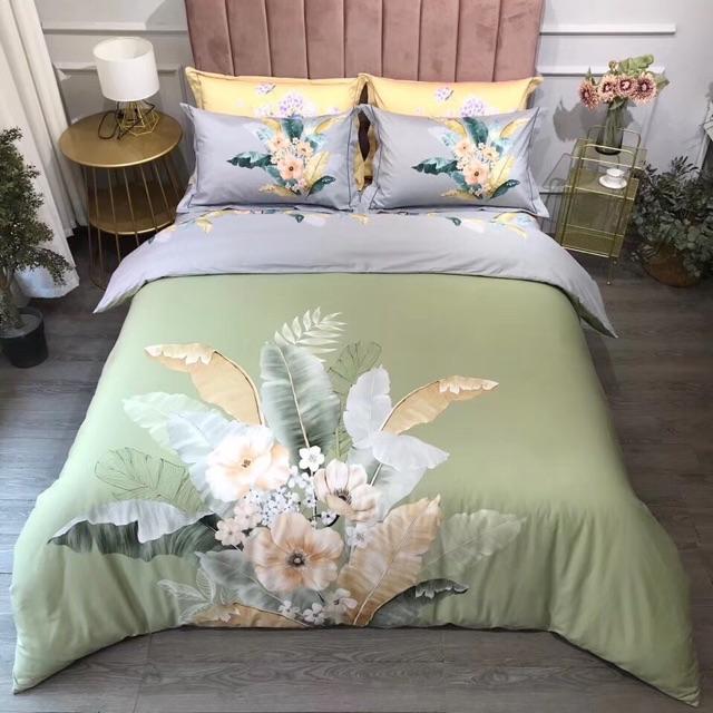 Set Cotton Organic 100%cotton Hàng Nhập Khẩu Cao Cấp 4 Món Hoạ Tiết Hoa Sang Trọng Tông Xanh