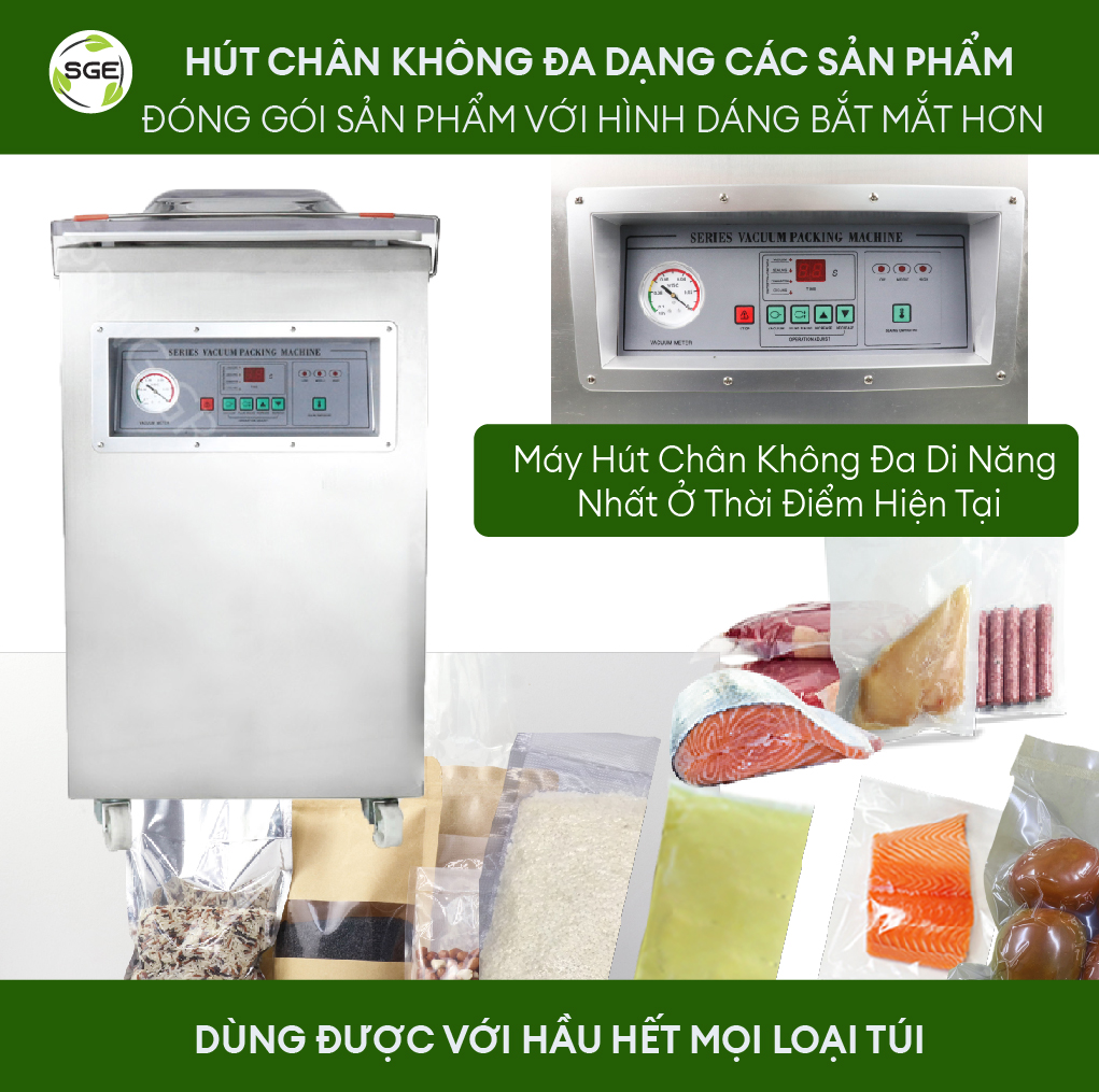 Máy Hút Chân Không/Máy Ép Chân Không Công Nghiệp VCC03-C, Hút Mọi Loại Thực Phẩm Khô, Nước, Mọi Loại Bao Bì, Không Kén Túi. Hàn Hút Tốc Độ Cao Liên Tục 24/7. Hàng Nhập Khẩu Chính Hãng SGE Thailand