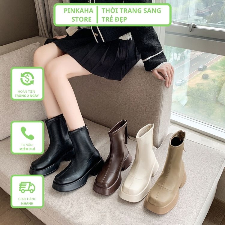 Bốt Nữ Đế Bánh Mì Boots Da Mềm Lót Nỉ Khóa Sau Cao Cấp Boot Mũi Tròn Thời Trang Đế Độn PINKAHA-GB20 ( Video Thật