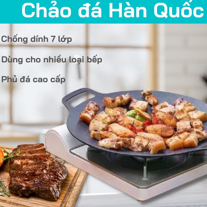 Chảo Đá Nướng Thịt Kiểu Hàn Quốc, Vỉ Nướng BBQ Chống Dính Không Cần Dầu Size 34cm Hàng Chính Hãng MINIIN