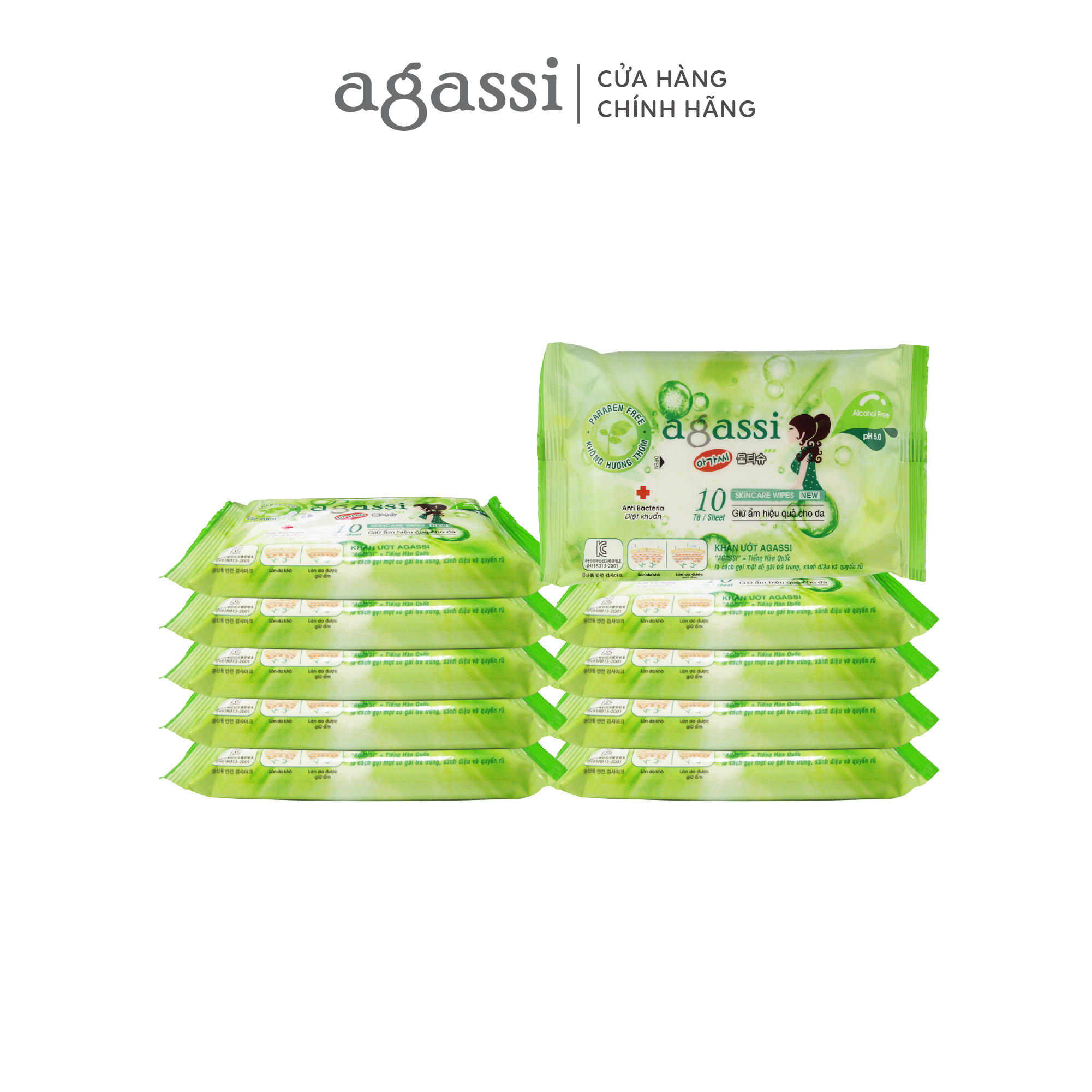 Combo 10 gói khăn ướt Agassi 10 tờ (xanh lá)