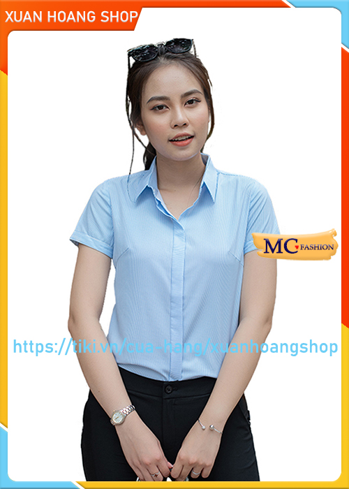 Áo Sơ Mi Nữ Đẹp Mc Fashion A206, Kẻ Sọc, Màu Xanh Nước Biển, Tay Ngắn Cộc, Kiểu Dáng Công Sở, Chất Vải Co Giãn Nhẹ, Mát