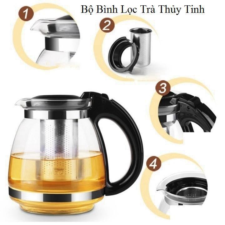 Bộ Ấm Pha Trà Thủy Tinh Lưới Lọc Inox Hàng Cao Cấp Kèm Bộ 4 Cốc