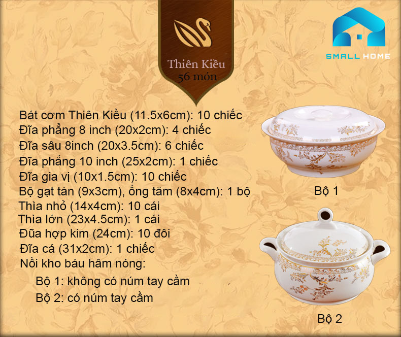 Bộ đồ ăn Thiên Kiều 56 món sứ xương cao cấp, họa tiết viền vàng sang trọng, phong cách hoàng gia Trung Âu