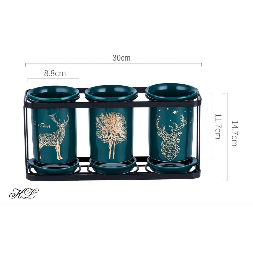 Ống đũa sứ 3 Xanh cổ vịt phong cách Bắc Âu - Hoạ tiết vàng kim - Khung thép