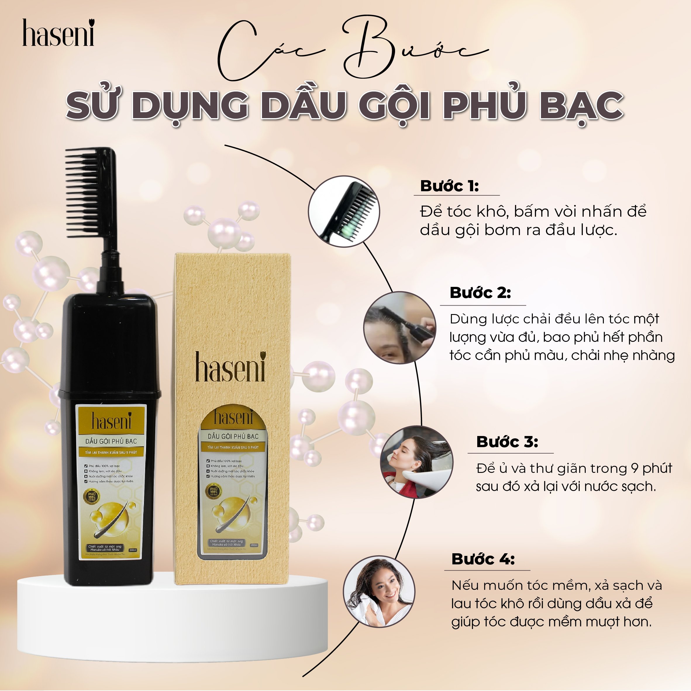 Dầu gội phủ bạc Haseni 200ml đen tóc sau 9 phút, không lem, không xót da đầu