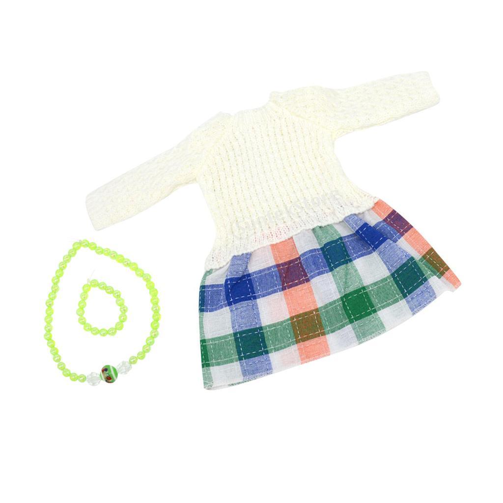 Doll Clothing Outfit Accessory Knit Plaid Dress with Necklace and Bracelets for 18 inch American Doll Doll