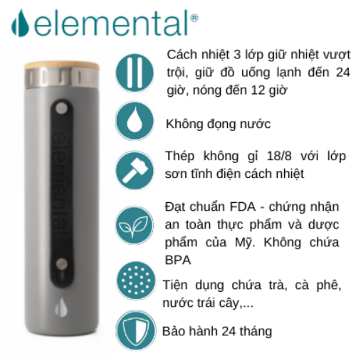 [Hàng chính hãng – Thương hiệu Mỹ] Bình giữ nhiệt Elemental Iconic màu xám 590ml, giữ nhiệt vượt trội, inox 304, FDA Hoa Kì, An toàn sức khỏe, có lưới lọc