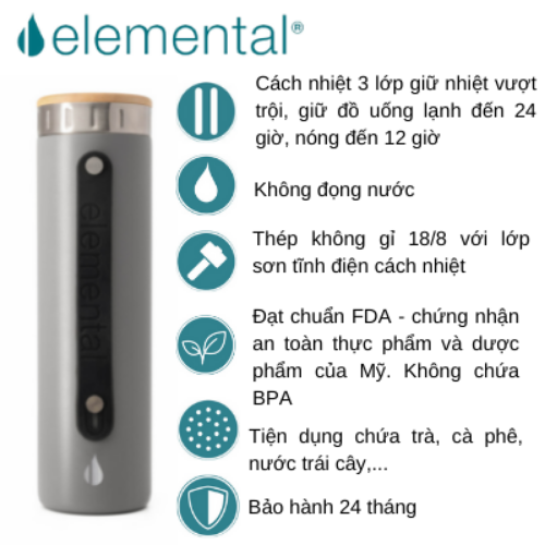 BÌNH GIỮ NHIỆT ICONIC ELEMENTAL , BÌNH NHẬP KHẨU MỸ, ĐẠT CHUẨN FDA HOA KỲ, THÉP 304 KHÔNG GỈ, GIỮ NÓNG LẠNH