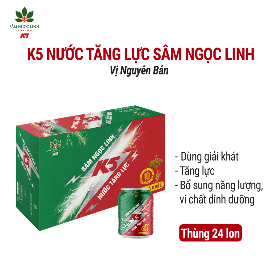 Nước Tăng Lực K5 Sâm Ngọc Linh Thùng 24 Lon Vị Nguyên Bản (250ml/Lon)