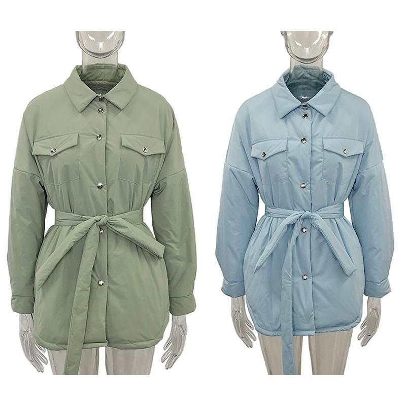 Cổ Gập Parkas Thời Trang Nữ Phối Dây Áo Khoác Nữ Thanh Lịch Chắc Chắn Túi Trước Cotton Áo Khoác Nữ Nữ