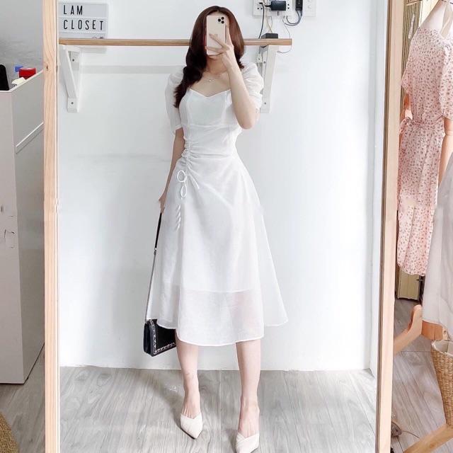 Đầm váy trắng cổ V tùng rút dây (kèm hình thật)