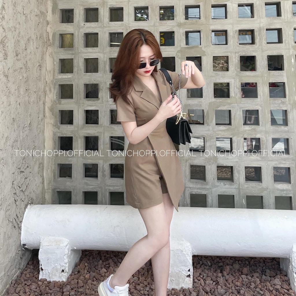 Jumpsuit nữ xòe kiểu sơ mi xẻ tà siêu xinh 2 màu sắc (Trắng, Nâu) giúp nàng nổi bật dự tiệc, dạo phố