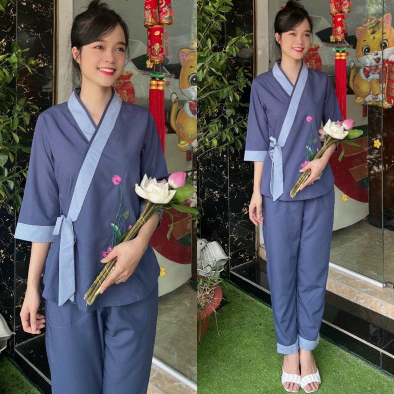 Đồ Lam Đi Chùa # Bộ Kate Xéo Nơ Phối # Quần Áo Nữ