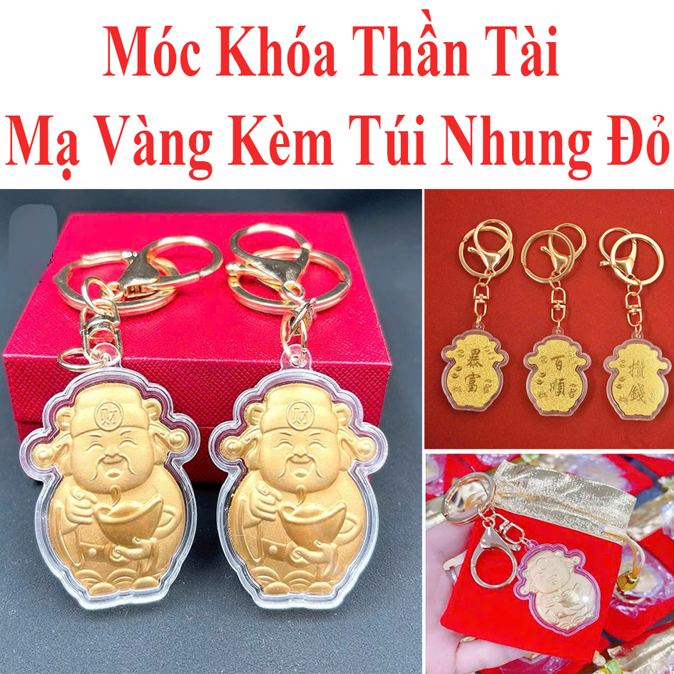 Móc Khóa Thần Tài Mạ Vàng Kèm Túi Nhung Đỏ May Mắn Tài Lộc