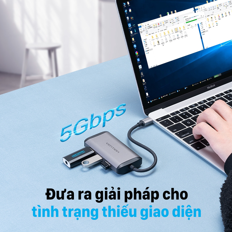 Bộ chuyển đổi Type-C sang VGA + HDMI + 3 cổng USB 3.0 + Sạc Type-C PD 87W Vention TGSHB - hàng chính hãng