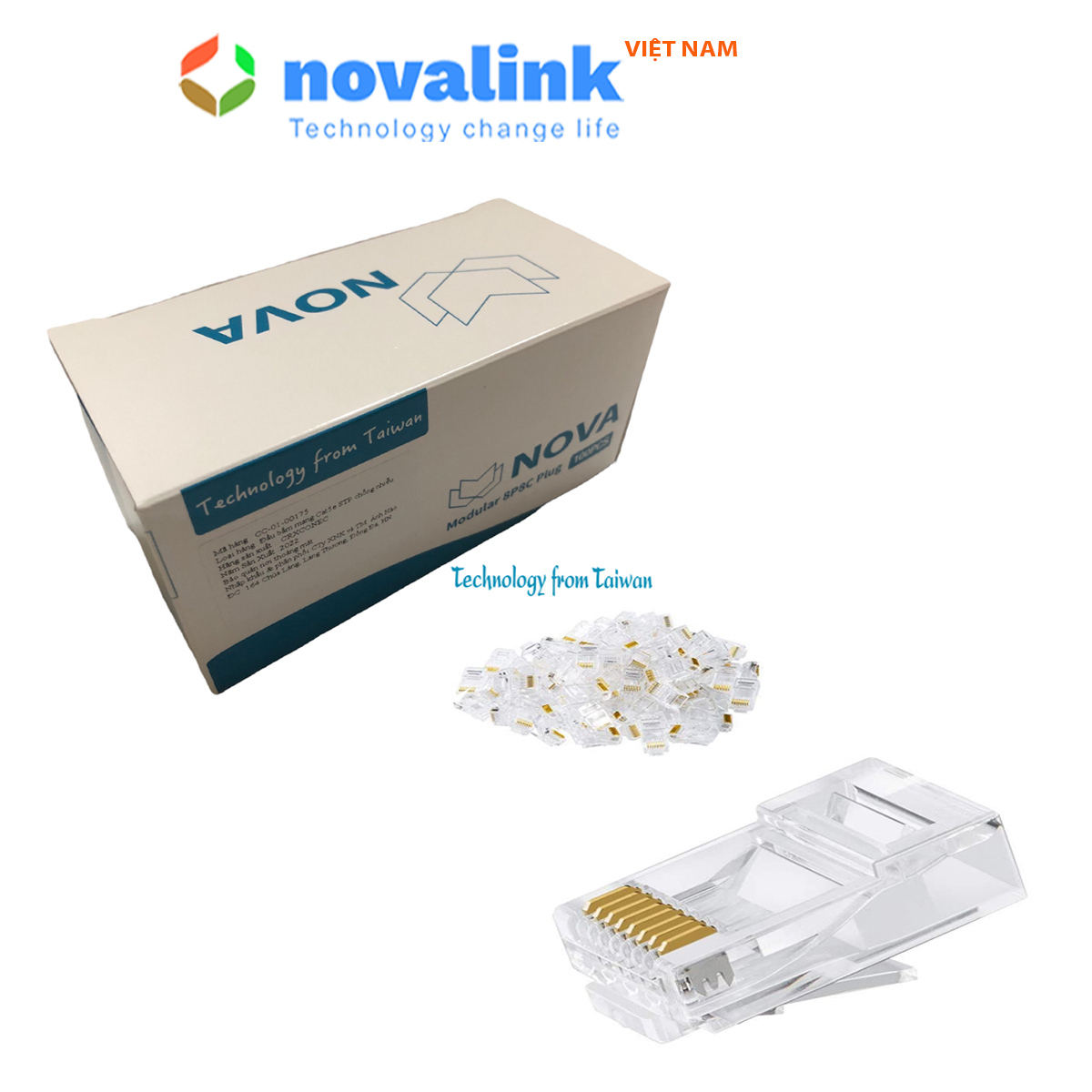 Hình ảnh Đầu bấm mạng RJ45 cat6 1 mảnh Nova CC-01-00176, chân cắm mạ vàng cao cấp, hàng chính hãng (hộp 100 hạt)