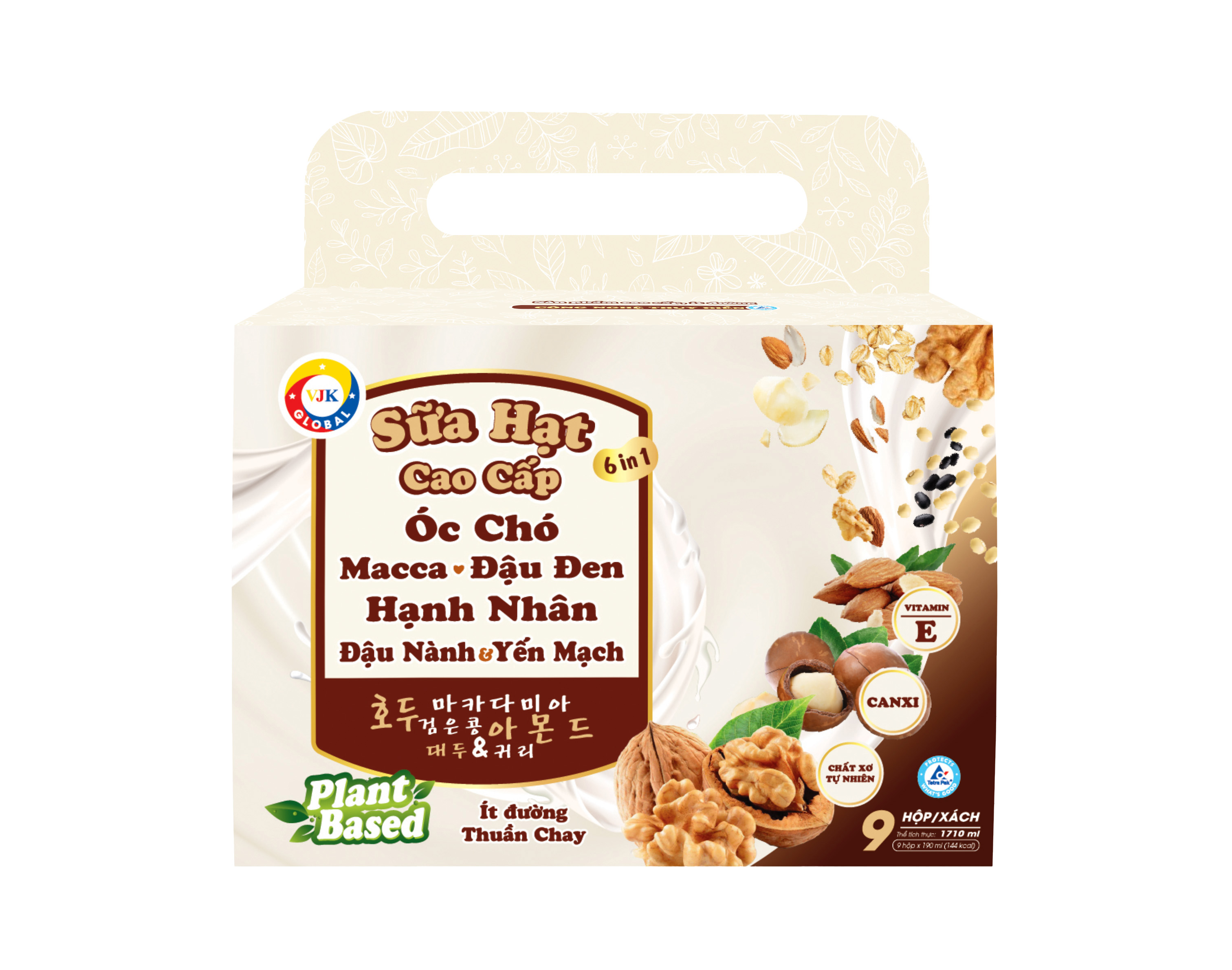 Sữa hạt cao cấp Óc chó - Macca - Đậu Đen - Hạnh Nhân - Đậu Nành &amp; Yến Mạch ít đường 190ml (9 hộp/lốc)