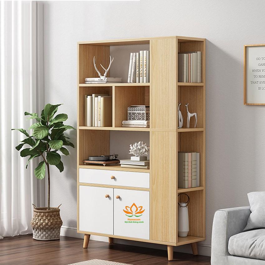 Tủ sách gỗ thông minh, Tủ sách đẹp bằng gỗ 2 mặt trang trí phòng khách phòng làm việc homesen