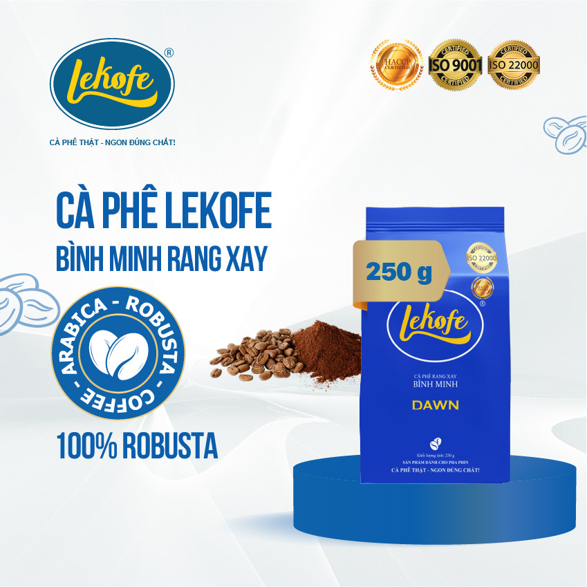 Cà phê rang xay Bình Minh Lekofe 100% Robusta Đắng đậm chát nhẹ Túi 250gram