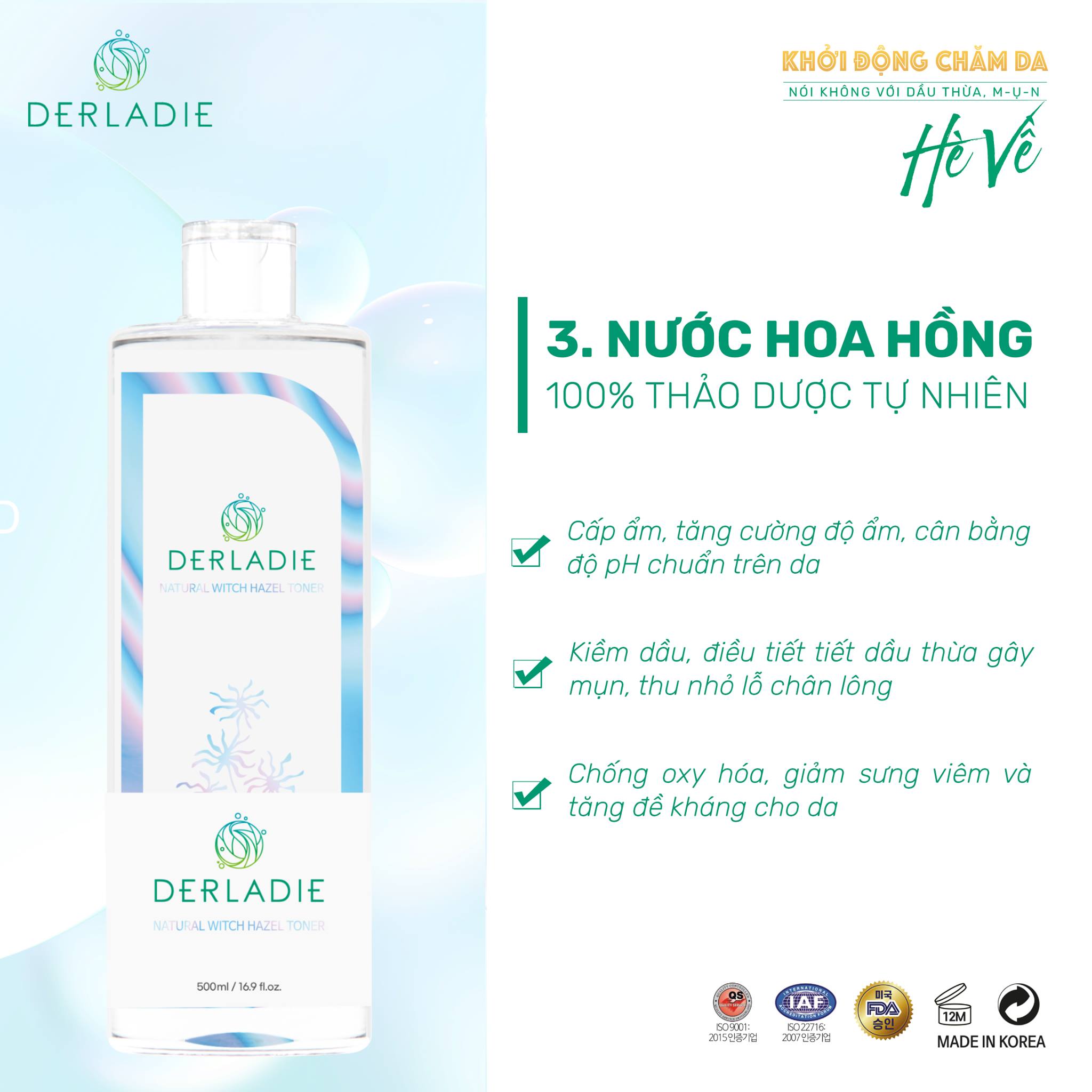 Bộ Đôi Làm Sạch, Cấp Ẩm Nước Tẩy Trang Derladie Cleansing Water Witch Hazel 500ml, Toner Derladie Natural Witch Hazel 500ml