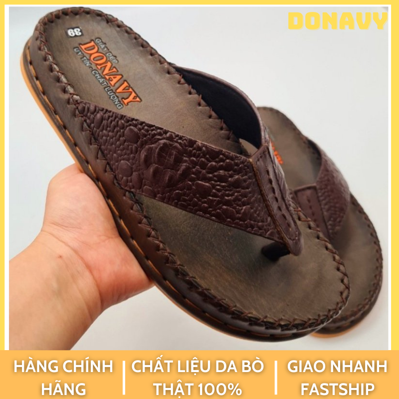 DÉP KẸP NAM DA BÒ THẬT 100 DONAVY CAO CẤP ,IN VÂN CÁ SẤU NỔI BẬT DOKB – Màu nâu – 39