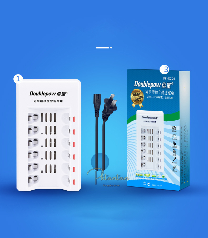 Sạc Pin AA/AAA Tự Ngắt ( 6 Khe Sạc ),Tặng Kèm Hộp 6 Pin Dowblepow 3000mAh