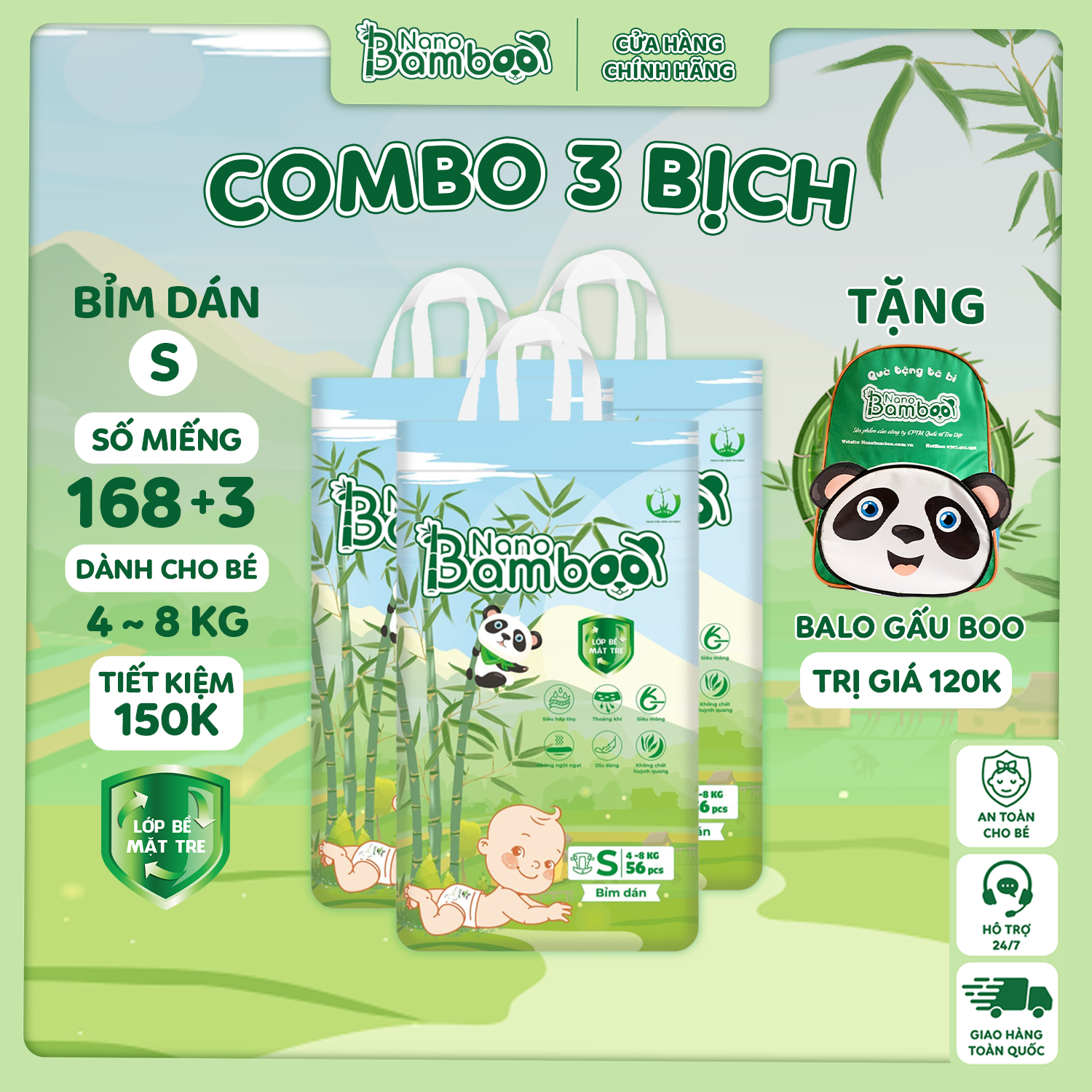 COMBO 3 Bịch tã/bỉm Dán Nano Bamboo sợi tre NB1 / S / M (168 miếng+6) tiết kiệm 150k kèm quà tặng