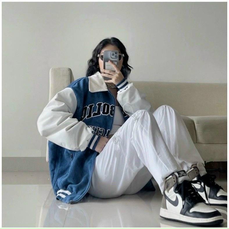 Áo khoác nữ bomber Unisex CỔ BẺ chất nhung tăm thêu chữ SYMPOLIC ,form rộng 2 lớp đẹp