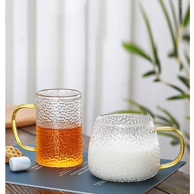 Bình thuỷ tinh chịu nhiệt sần quai vàng | Bộ bình cốc thủy tinh sần Borosilicate chịu nhiệt, chịu lực cao cấp