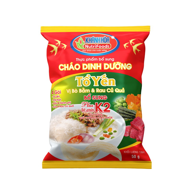 Cháo Dinh Dưỡng Tổ Yến Vị Thịt Bằm &amp; Rau Củ Bổ Sung Vitamin K2 - Khánh Hòa Nutrifoods - GÓI 50G/THÙNG 30 GÓI