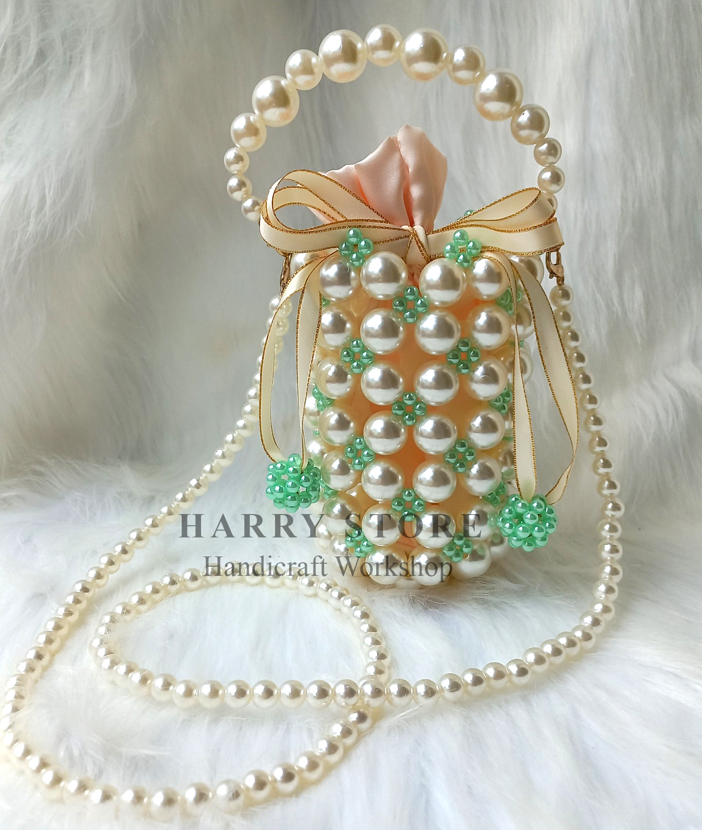 Túi đan handmade hạt ngọc trai HRRB1-XN có dây đeo chéo dài 110cm, quyến rũ sành điệu phong cách hiện đại