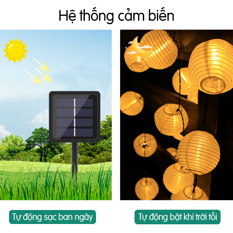 Đèn năng lượng mặt trời trang trí sân vườn hình đèn lồng , dây nhiều bóng ánh đèn ấm áp-K1594