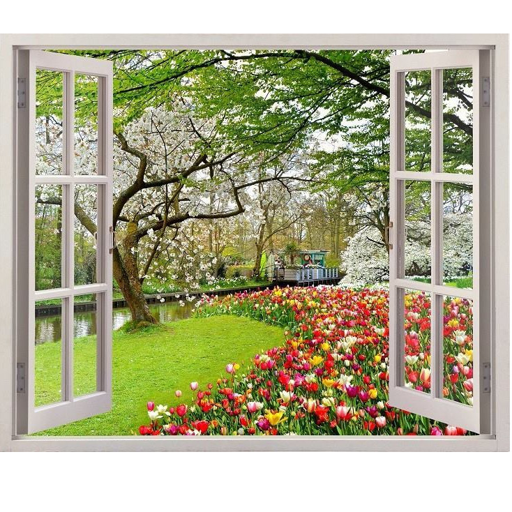 Tranh dán tường 3d  cửa sổ hoa tulip - tranh dán tường phòng khách - phòng ngủ - không phai  màu CS91 - 60 x 90 cm