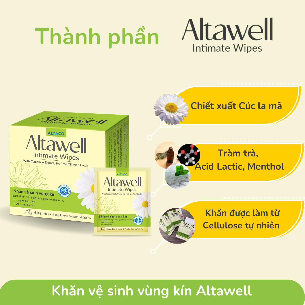 Khăn lau ướt vệ sinh "cô bé" Altawell Intimate Wipes 1 HỘP 20 gói