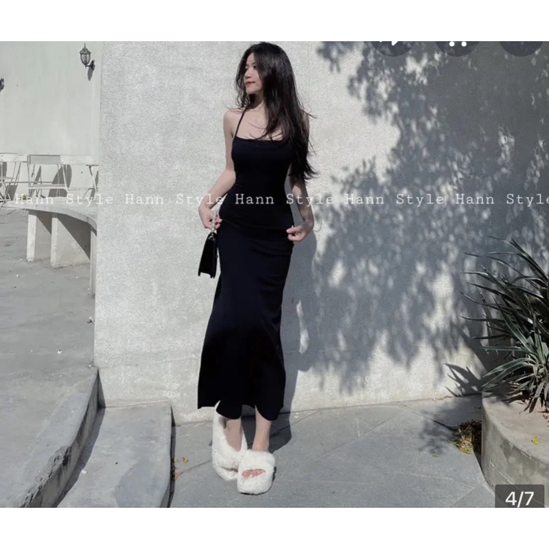 Đầm hở lưng body dáng dài đan dây, váy nữ có mút