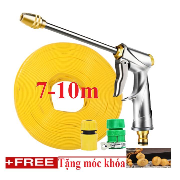 Bộ dây vòi xịt nước rửa xe, tưới cây đa năng, tăng áp 3 lần, loại 7m, 10m 206701-2 đầu đồng,cút,nối vàng+ tặng móc khoá