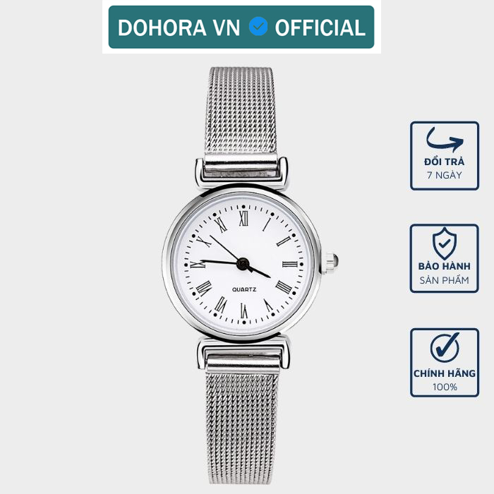 Đồng hô thời trang nữ dây thép mặt tròn số la mã DOHORA VN DSDH109 máy pin chạy 3 kim cao cấp chống nước sinh hoạt nhẹ dành cho học sinh cấp 2 sinh viên công sở đi làm - Hàng nhập khẩu