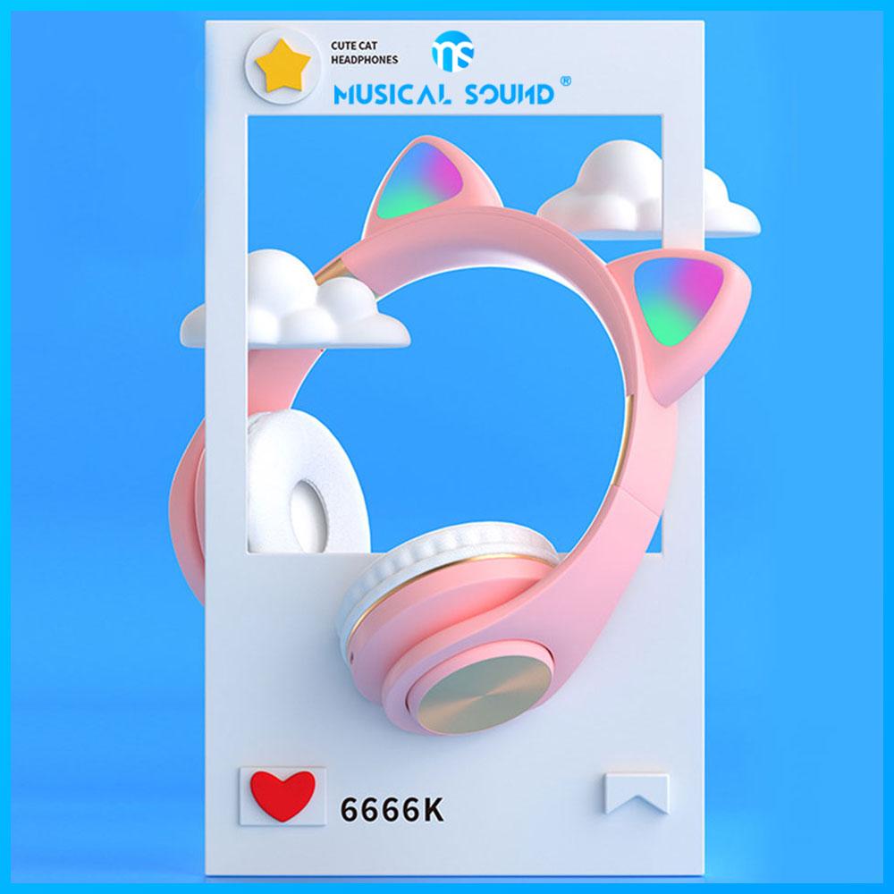 Ms Sáng Mèo Tai Tai Nghe Không Dây LED Kid Cô Gái Nhạc Stereo Mũ Bảo Hiểm Điện Thoại Bluetooth 5.0 Có Thể Điều Chỉnh Tai Nghe Tai Nghe Chụp Tai