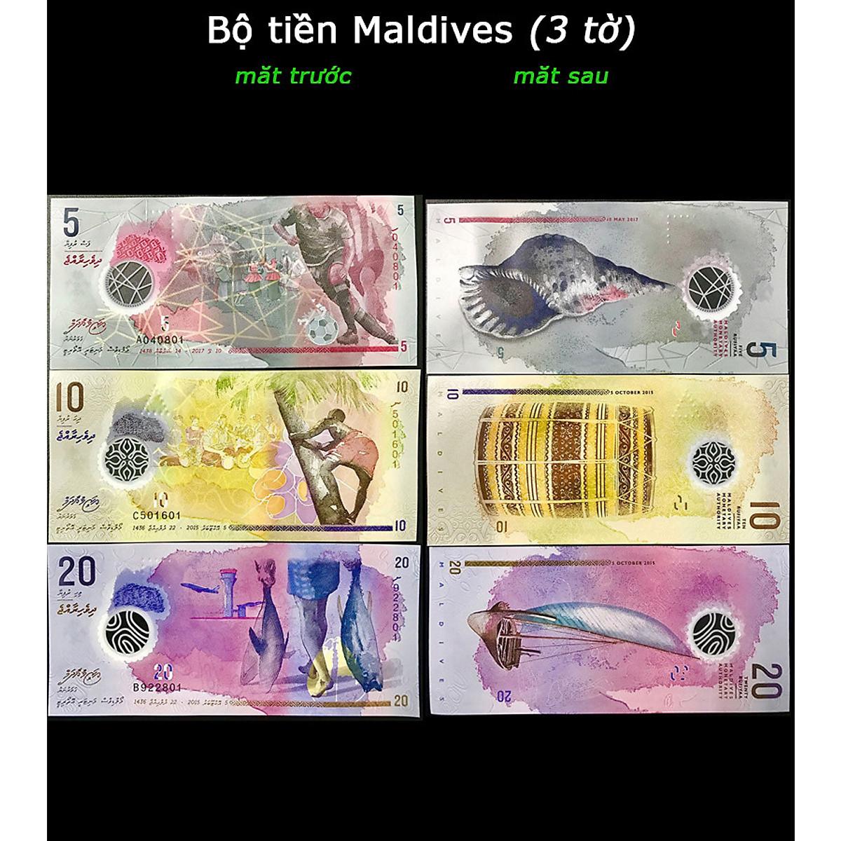 Bộ tiền Maldives 3 tờ 5 10 20 Rufiyaa bằng polyme - kèm bao lì xì dỏ