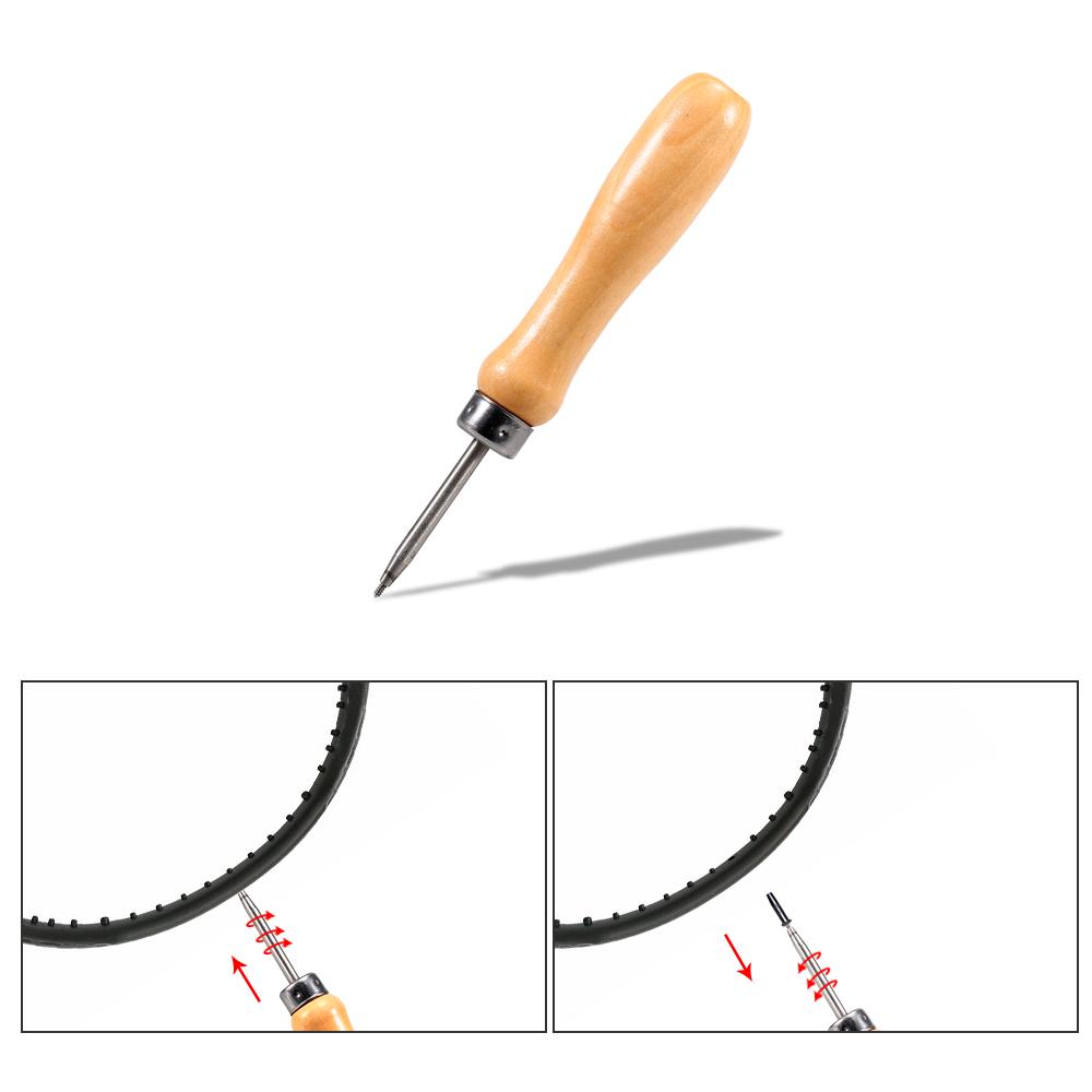 Dụng cụ loại bỏ các grommets bị hỏng khỏi vợt của bạn với tay cầm bằng gỗ tiện dụng và đầu thép có ren