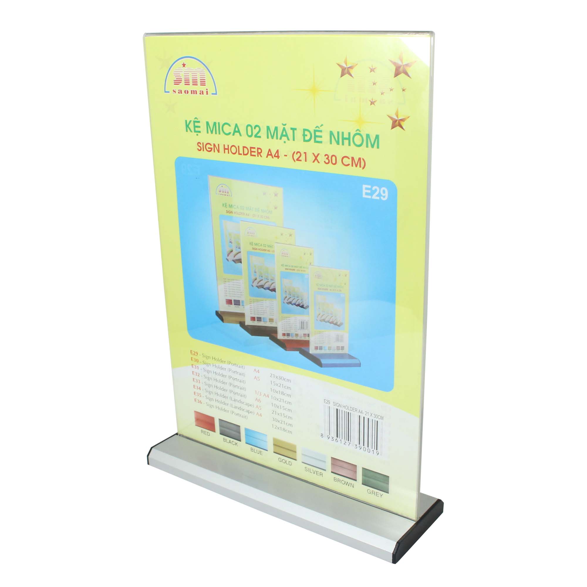 Kệ Mica 2 mặt A4 đứng - Đế lùa Nhôm E29 (KT: 21 x 30cm)