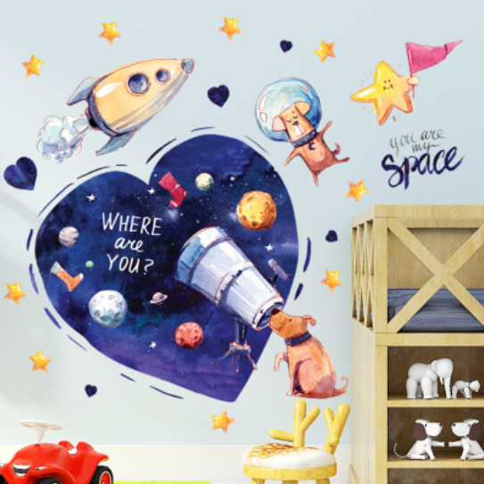 Decal trang trí tường - Khám phá vũ trụ cùng những chú cún